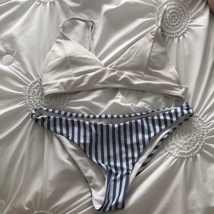 White Top & Striped Bottoms Bathing Suit
